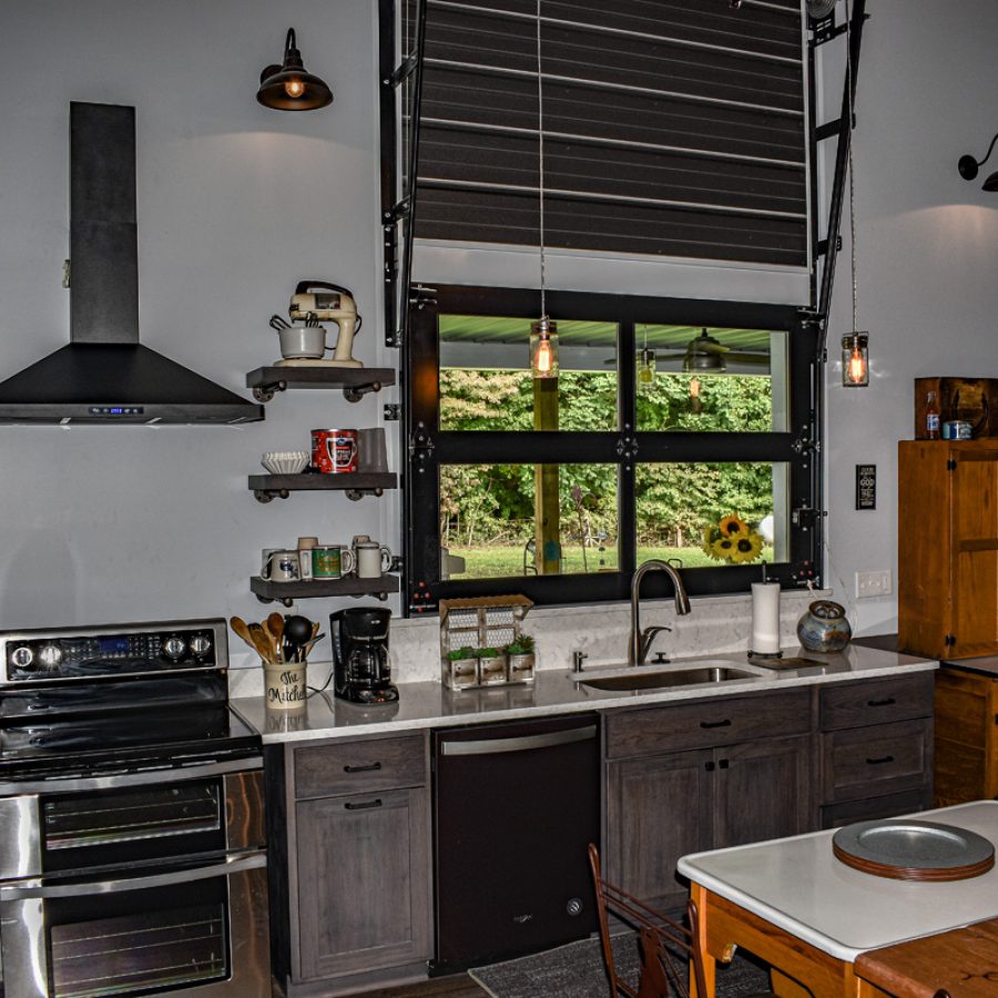 small overhead metal door for kitchen window