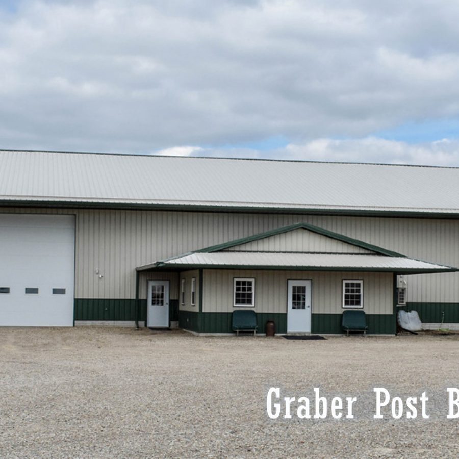 tan and green metal pole building