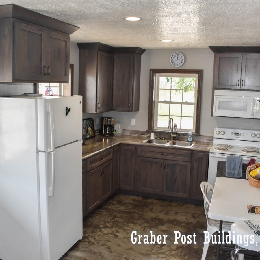 small kitchen in post frame home